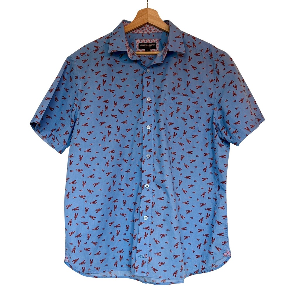 Johnston & Murphy Mens Lobster Print Button Up Shirt Sz L Short Sleeve Nautical